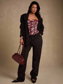 Glamine 性感甜美撞色3D花卉网眼褶皱钢圈女式紧身胸衣 - 酒紅色 - 查看 3