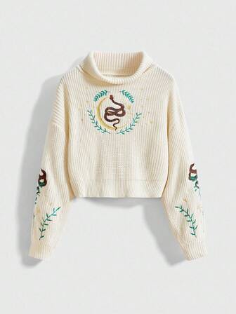 Gothic Dark Mysterious Plant & Crescent Moon Embroidery Loose Turtleneck Sweater For Women