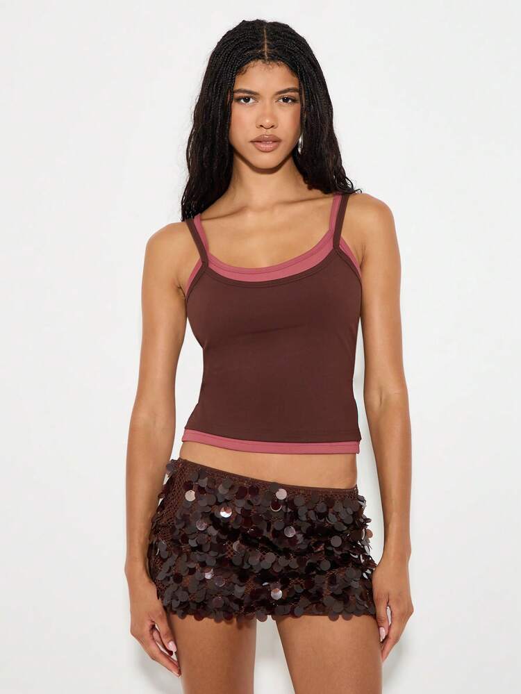 KIZN Double Layer Tank Top With Contrast Trim And Sequin Detail