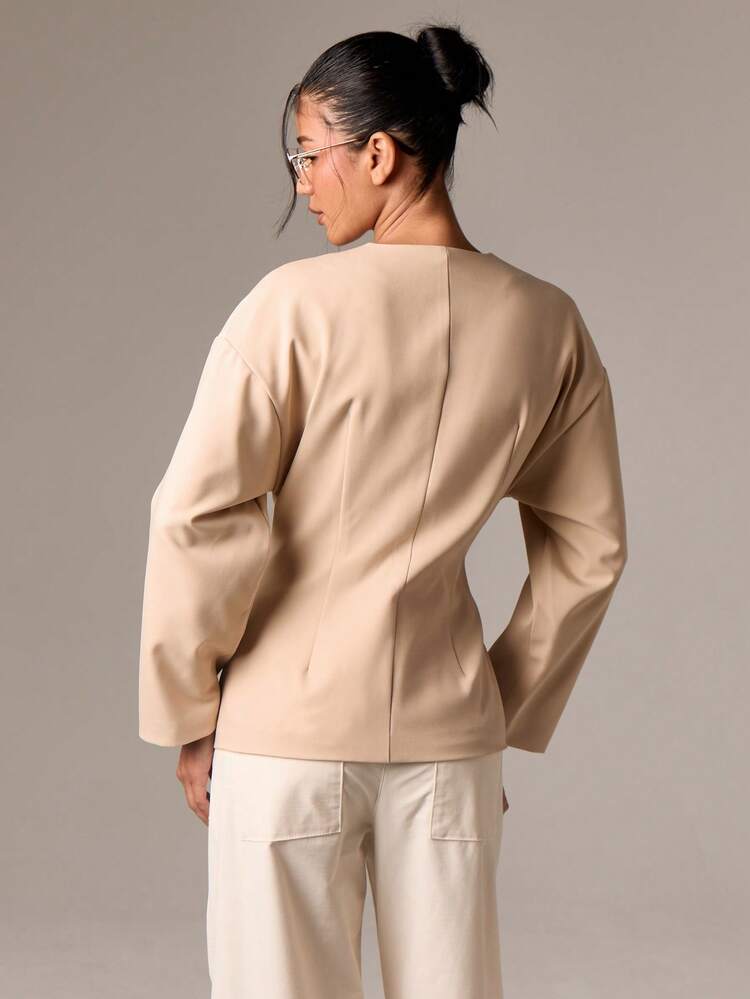 Collarless Structured Blazer With Metal Cuff Details