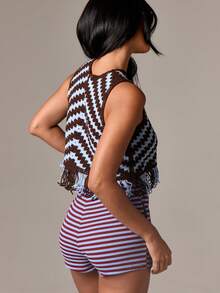 AiiRZ Crochet Knit Fringe Crop Top Zig Zag Pattern Sleeveless Mock Neck Festival Summer Bohemian Beach Vacation Tank Holiday Resort Wear Boho Chic - Multicolor - View 2
