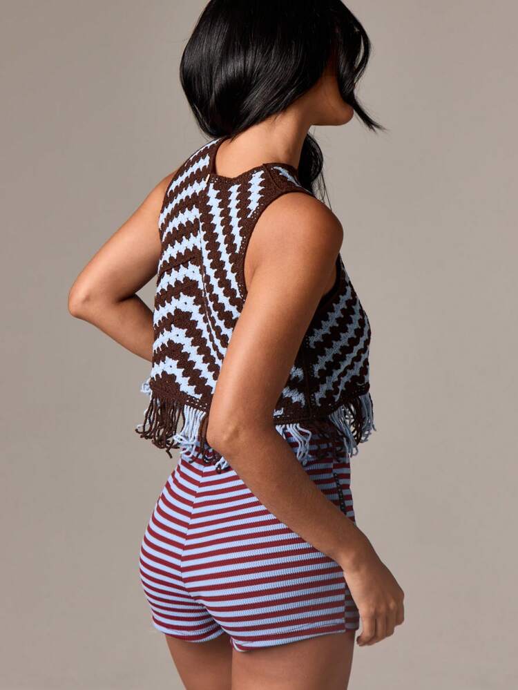 Crochet Knit Tank Top With Fringe Hem And Zig Zag Pattern