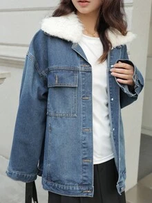 K-Vae 女秋冬深蓝色毛领复古日常牛仔外套圣诞牛仔夹克韩版风万圣节服装别致秋季 - 深色水洗藍 - 查看 4