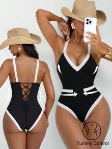 Shapewave 女式深 V 领黑白撞色拼接露背抽绳连体泳衣，修身收腹 - 黑與白 - 查看 3