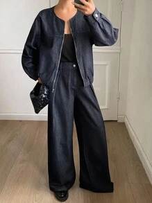 DAZY 女士圆领松紧腰夹克上衣和宽松阔腿裤两件套，休闲