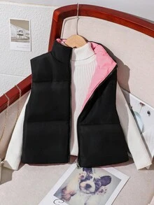 Chaleco reversible sin mangas acolchado para niña preadolescente, negro y rosa, cuello casual, adecuado para la escuela y el transporte, otoño/invierno