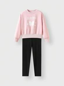 JNSQ 2 Stücke Outfit für Kleine Mädchen, locker sitzender Rundhals-Pullover mit Schmetterlings- und Buchstaben-Muster Langarm, kombiniert mit schlanker Yoga-Hose, geeignet für Herbst, Winter Alltagstragen, Outdoor-Aktivitäten, Urlaub, Streetwear, Party und Lässig - Verschiedenfarbig - Übersicht 2