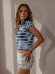 Aralina 女士秋冬夏波西米亚风 Y2K 条纹 Polo 衫，非常适合乡村音乐会、度假和教师 - 彩色 - 查看 5