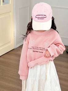 DAZY 女童圆领刺绣蝴蝶结英文卫衣，清新甜美韩版风格，长袖，秋冬款 - 藕粉色 - 查看 5