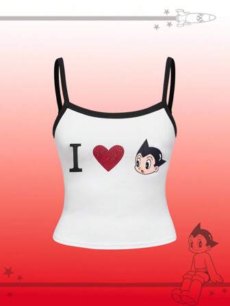 Astro Boy X ROMWE لباس علوي كامي مزينة بالراين بتصميم قلب وشخصية كرتونية