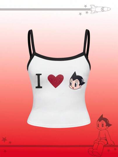 Astro Boy X ROMWE Women Heart Rhinestone Decorated Letter & Cartoon Figure Graphic Cami Top