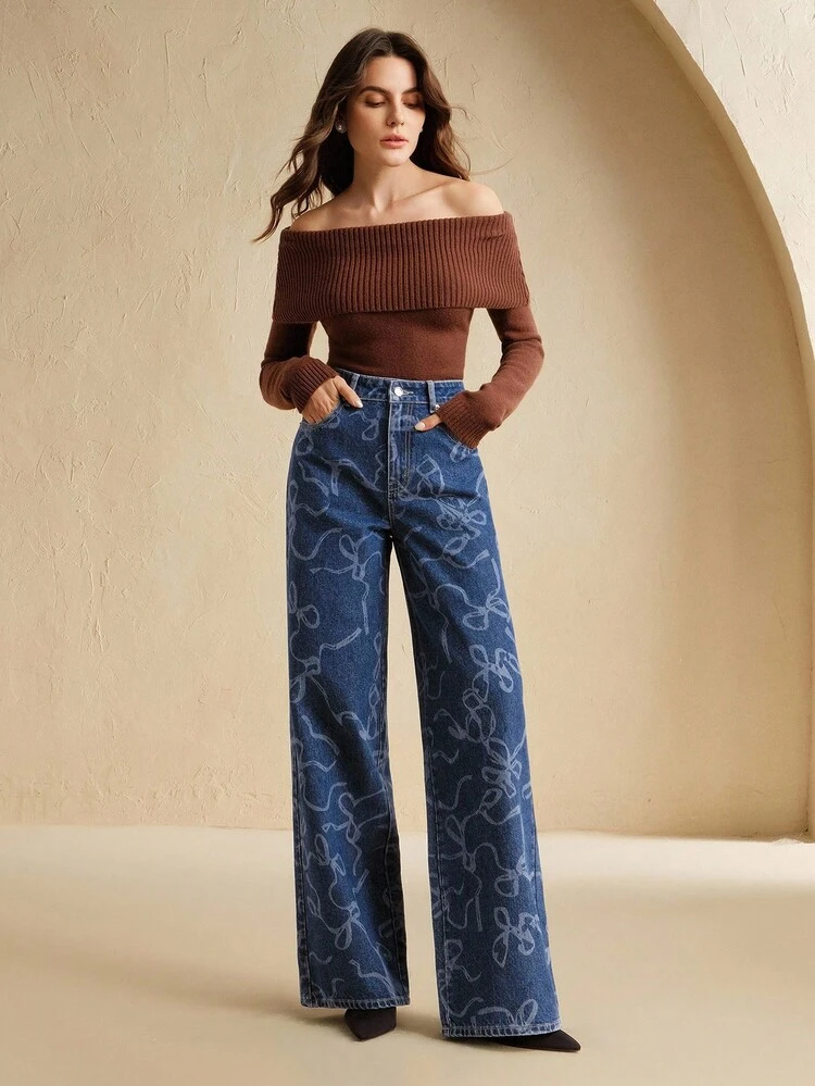 Jeans droits décontractés et amples pour femmes avec décoration de nœud