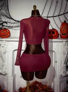 Amplova Bộ 2 mảnh đính đá chéo hình chữ thập hóa trang tiệc Halloween dành cho nữ - Màu Đỏ Sâu - Xem 2