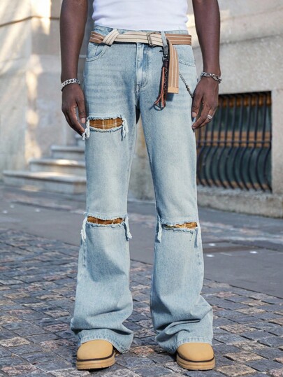 Street Life Men's Plaid Patchwork Flared Leg Jeans