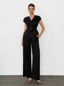 SHEIN Tall 女士优雅办公室套装、上衣和裤子黑色长裤套装，女士黑色阔腿裤套装，秋冬 - 酒紅色 - 查看 9