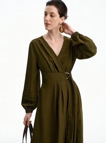 Aalyst Olivgrüner modischer minimalistischer D-Schnallen Gürtel Dekor Design, Damen Lässig Pendler Kleid - Armeegrün - Übersicht 6