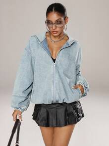 Jeanoix Women's Casual Washed Denim Hooded Jacket - Light Wash - View 4