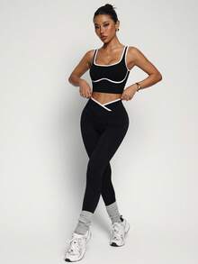 Breezaya Women's Yoga Colorblock Seamless Sports Set Workout Legging Two Piece Set Athletic Two Piece Set Fitness Outfit Two Piece Workout Set Active Two Piece Set Black Two Piece Athletic Setworkout Set - Black - View 5