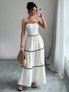 SHEIN PETITE 女式 2025 拼色露背系带纹理连衣裙