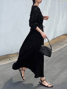 FRIFUL 女士提花V领灯笼袖优雅连衣裙长袖连衣裙 - 黑色 - 查看 3