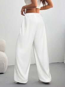 SHEIN EZwear Quần dài ống đứng lưng thấp co giãn có dây rút màu trơn cỡ lớn thường ngày - trắng - Xem 2