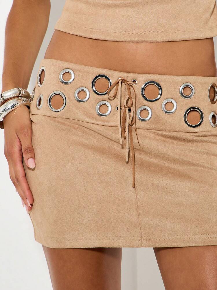KIZN Suede Mini Skirt With Metal Eyelet Detail
