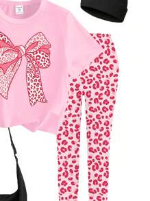 Setelan 2 Potong untuk Anak Perempuan: Kaos Grafis Motif Leopard Pink dengan Hiasan Pita dan Legging, Pakaian Sekolah Kasual untuk Anak Perempuan Remaja. - MultiWarna - View 5
