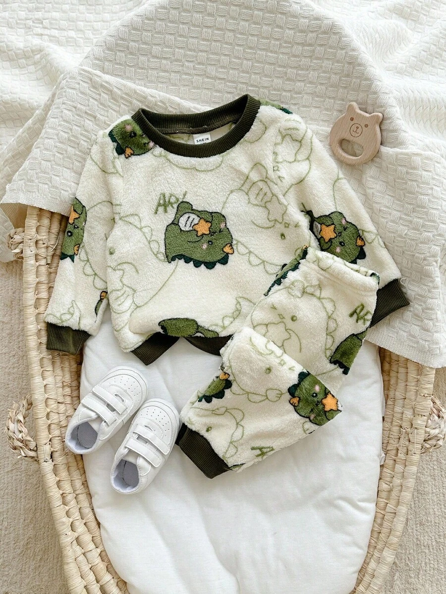 SHEIN 2 件套婴儿男童/女童休闲舒适卡通恐龙印花长袖睡衣套装，秋冬