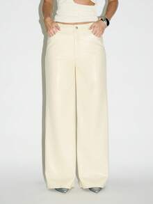 KIZN Pantalones palazzo de patas anchas de piel sintética en color crema, de tiro alto con bolsillos laterales, perfectos para uso formal, profesional y de noche en otoño e invierno - Amarillo - Ver 3