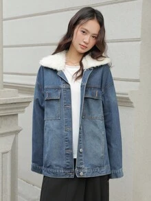 K-Vae 女秋冬深蓝色毛领复古日常牛仔外套圣诞牛仔夹克韩版风万圣节服装别致秋季 - 深色水洗藍 - 查看 3