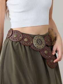 ROMWE Hippie 1 件女士棕色豹纹毛绒椭圆形珠饰波西米亚西部风格腰带，百搭连衣裙、牛仔裤配饰 - 咖啡 - 查看 3