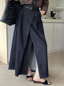 女士收腰设计长款休闲牛仔裙 - 深色水洗藍 - 查看 4