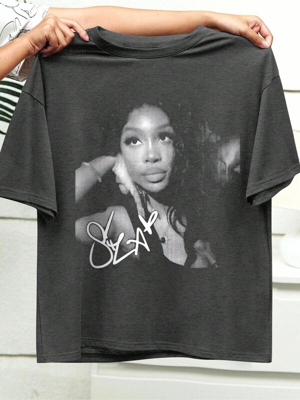 DrmWander T-shirt à col rond à manches courtes pour femmes de grande taille, imprimé avec un portrait de fille moderne et