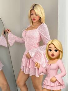 Sweetina Fall Women's Pink Square Neck Party Ruffle Embroidered Tie-Up Design Flare Sleeve Ruffle Hem Fashion Mini Dress - Pink - View 3