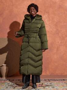 Bóhologie Women Solid Color Belted Detailed Long Winter Coats Long Padded Coat Women - Khaki - View 3