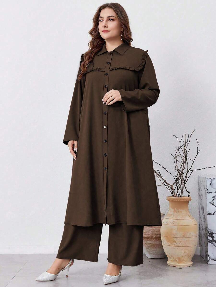 Lacomfia 2 件加大码春秋休闲长衬衫和裤子套装,休闲适度长款套装,适合旅行/休闲/居家/度假 2 件套 - 棕色 - 查看 1