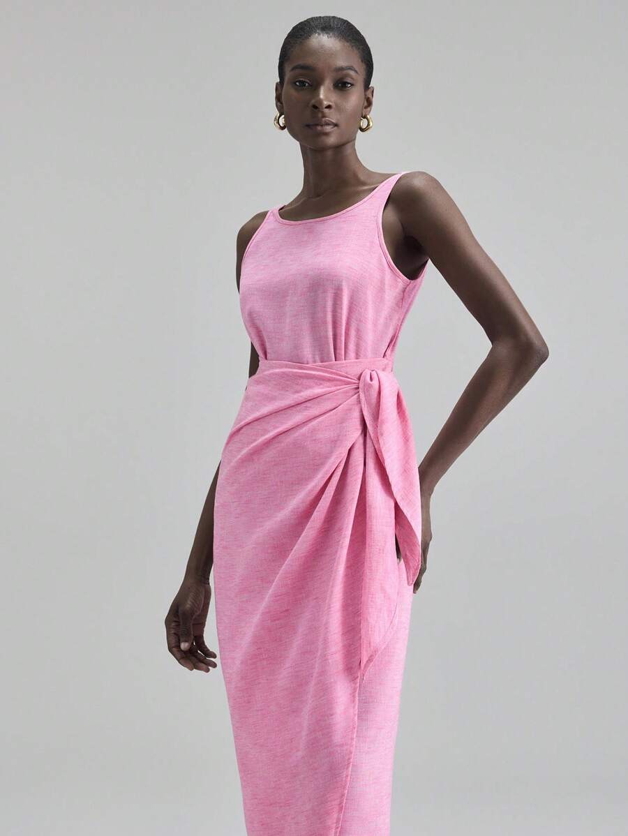 Ontre 2025 女士休闲纯色无袖裹身长裙，适合海滩、度假、毕业典礼、办公室、海滩派对、夏季 - 玫紅色 - 查看 1