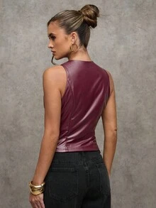 SHEIN BAE Chaleco de mujer con cremallera delantera calada, de verano - Burdeos - Ver 2