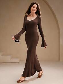 Anewsta Women's Black Long Sleeve Pearl Beaded Flare Sleeve Mermaid Hem Maxi Dress, Street Style, Elegant & Sophisticated - Brown - View 7