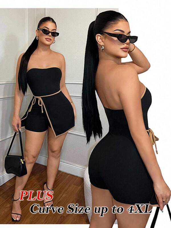 SHEIN SXY Plus Size Women Sexy Casual Comfortable Contrast Trim Wrap Hem Fitted Jumpsuit, Strapless Romper Tube Top Romper