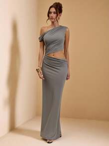 SHEIN BAE Đầm maxi nữ màu xám trơn, dệt kim, cổ áo bất đối xứng, khoét rỗng, xếp ly, gợi cảm, thanh lịch, dáng đuôi cá, thích hợp cho kỳ nghỉ/hẹn hò, đầm maxi đi biển, đầm dạ hội thanh lịch, đầm dự tiệc cưới, đầm maxi màu xám, thích hợp cho mùa tựu trường. - Xám - Xem 5