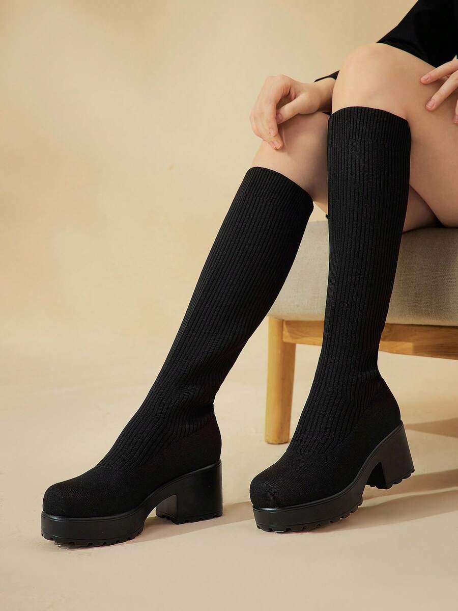 CUCCOO BASICS CUCCOO Fashionable Versatile Black Thick High Heel Over-The-Knee Boots - Black - View 1