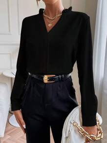 Elenzga Solid Notched Neck Shirt,Long Sleeve Tops Fall Cloth For Women - Black - View 3