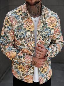 Manfinity CasualCool Men's Casual Jacquard Floral Woven Fabric Long Sleeve Shacket, Button Up, Boho , Fall - Multicolor - View 4