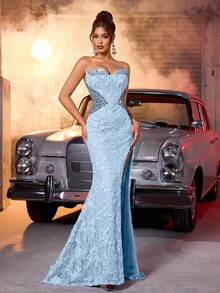 Glamrae Elegant Sequin Embroidered Lace Patchwork Strapless Neckline High Slit Fishtail Formal Evening Gown For Women, For Valentine's Day - Baby Blue - View 7