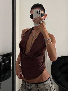 StreetHx Women's Coffee Brown Music Festival Draped Neck Streetwear Vacation Beach Party Sexy Camisole