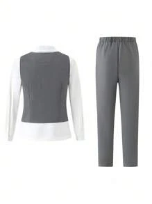 SHEIN 2 件套青少年男孩春夏韩版修身婚礼/派对/钢琴演奏主持人套装。宽松休闲不对称背心 + 直筒休闲裤，采用亚麻般柔软透气面料制成，抗皱，时尚 - 深灰色 - 查看 2