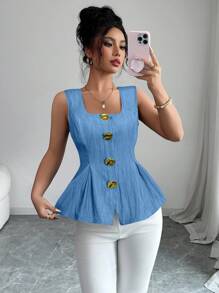Elenzga Summer New Arrival French Elegant Fashion Big Metal Button Backless Tie Sleeveless Solid Color Blouse For Women - Blue - View 6