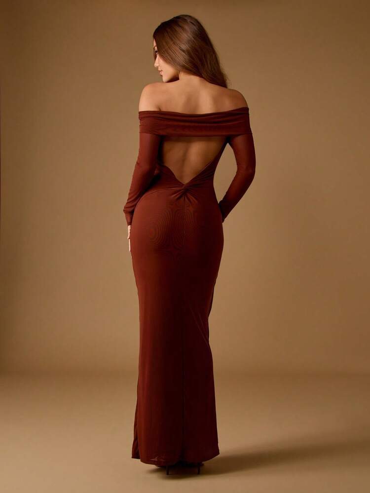 MISSGUIDED Robe de soirée longue moulante à épaules dénudées, manches longues. Robe de cérémonie élégante pour mariage, fête, avec taille empire. Robe de cocktail longueur plancher pour invité de mariage, vacances