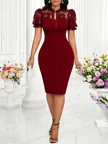 SHEIN Lady Váy midi ren tay phồng mùa hè dành cho nữ dự tiệc sinh nhật - Màu Đỏ Sâu - Xem 6